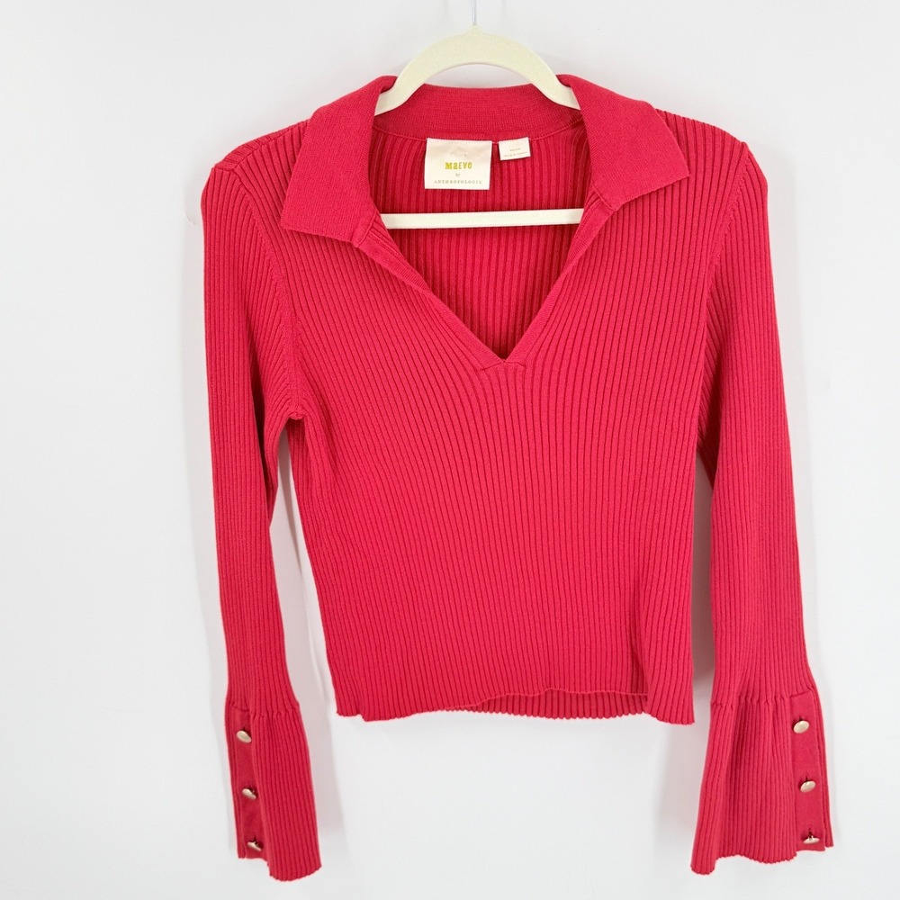 Maeve Anthropologie Ribbed Knit Polo Sweater Red Medium Bell Sleeve Button Cuff